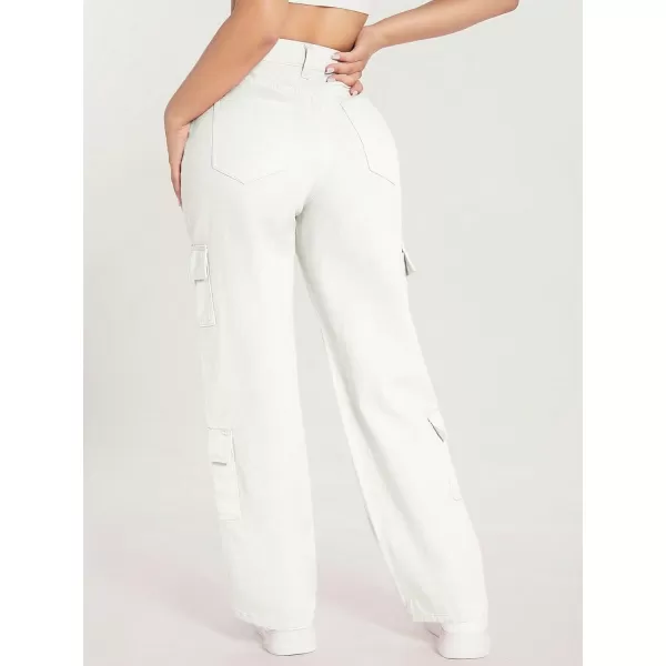 WDIRARA Women's Cargo Denim Pants High Waist Straight Leg Boyfriend Jeans with Pocket