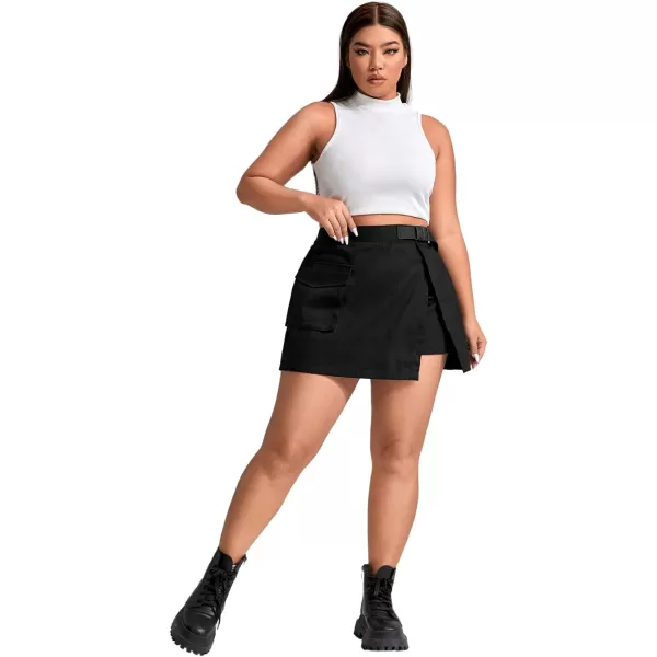 WDIRARA Women's Cargo Skirt Utility Asymmetrical Slit High Waist Wrap Mini Skirt with Buckle Black Plaid XS