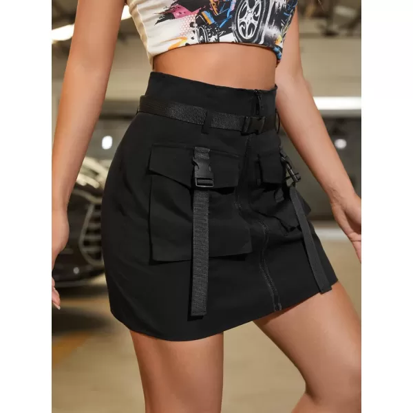 WDIRARA Women's Cargo Skirt Utility Asymmetrical Slit High Waist Wrap Mini Skirt with Buckle Black Plaid XS