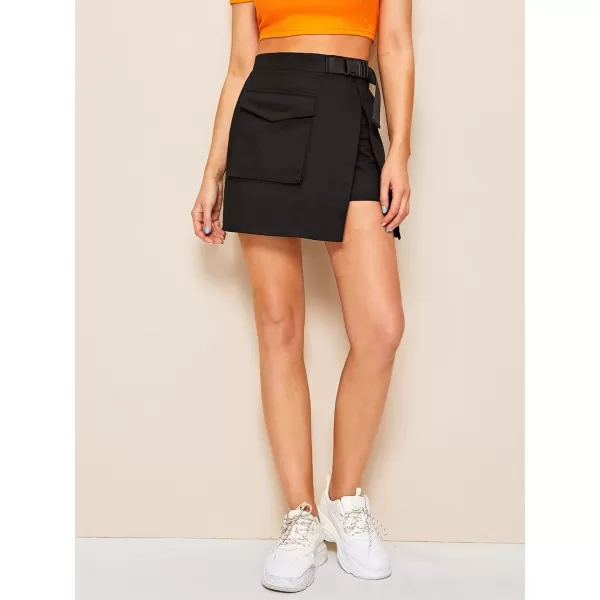 WDIRARA Women's Cargo Skirt Utility Asymmetrical Slit High Waist Wrap Mini Skirt with Buckle Black Plaid XS