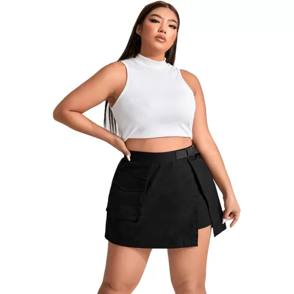 WDIRARA Women's Cargo Skirt Utility Asymmetrical Slit High Waist Wrap Mini Skirt with Buckle Black Plaid XS
