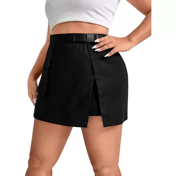 WDIRARA Women's Cargo Skirt Utility Asymmetrical Slit High Waist Wrap Mini Skirt with Buckle Black Plaid XS