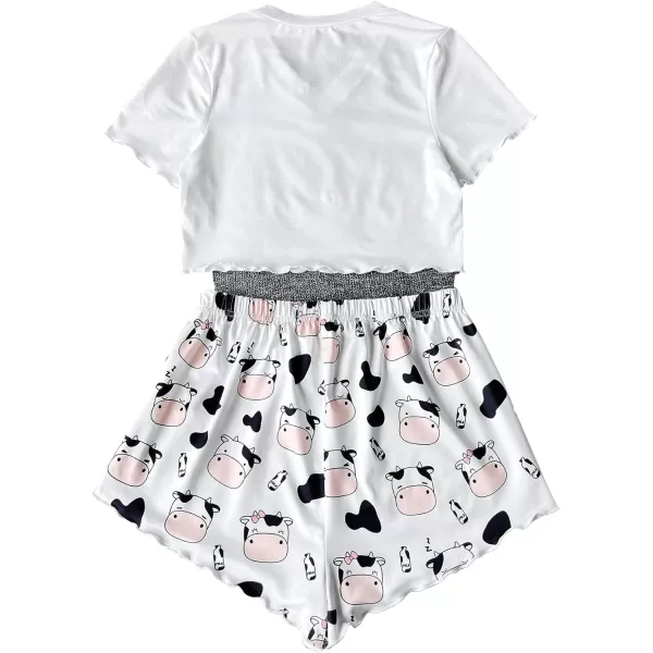 WDIRARA Women's Cartoon Cat Print Tee and Shorts Cute Pajama Set Sleepwear
