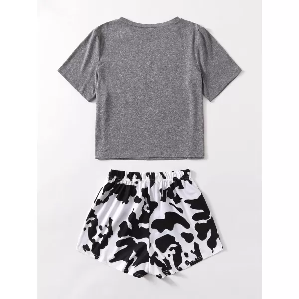 WDIRARA Women's Cartoon Cow Print Short Sleeve Tee and Shorts Pajama Set