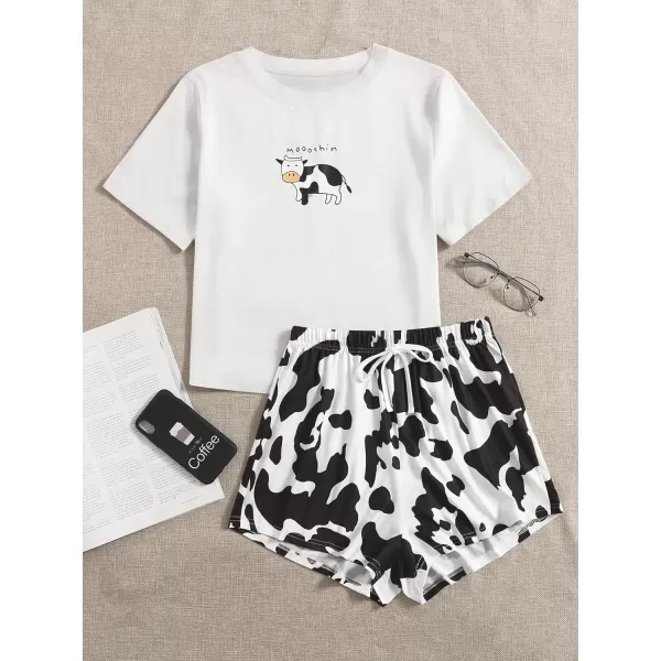 WDIRARA Women's Cartoon Cow Print Short Sleeve Tee and Shorts Pajama Set