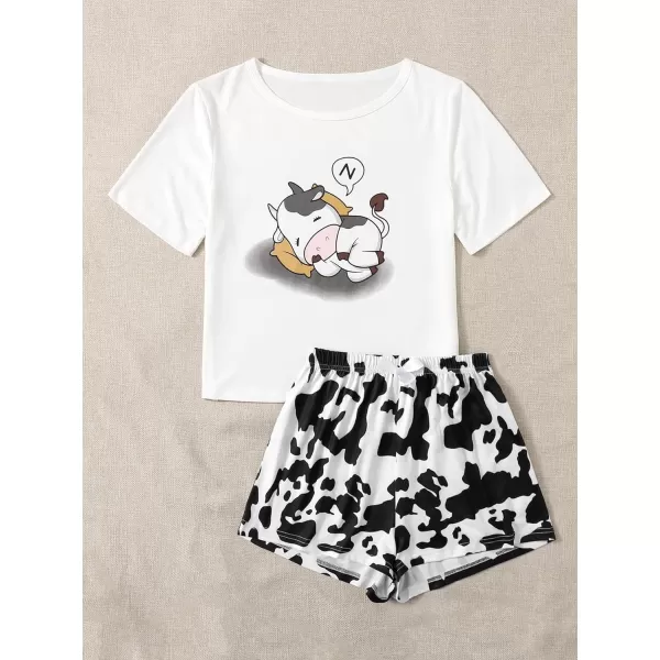 WDIRARA Women's Cartoon Cow Print Short Sleeve Tee and Shorts Pajama Set