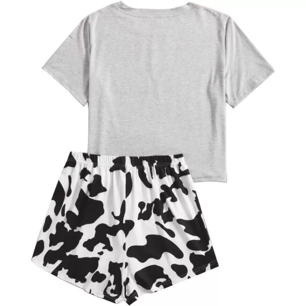 WDIRARA Women's Cartoon Cow Print Short Sleeve Tee and Shorts Pajama Set