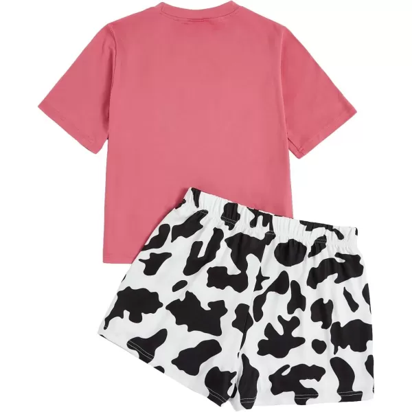 WDIRARA Women's Cartoon Cow Print Short Sleeve Tee and Shorts Pajama Set