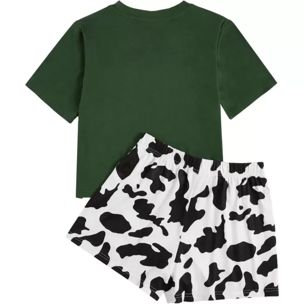 WDIRARA Women's Cartoon Cow Print Short Sleeve Tee and Shorts Pajama Set
