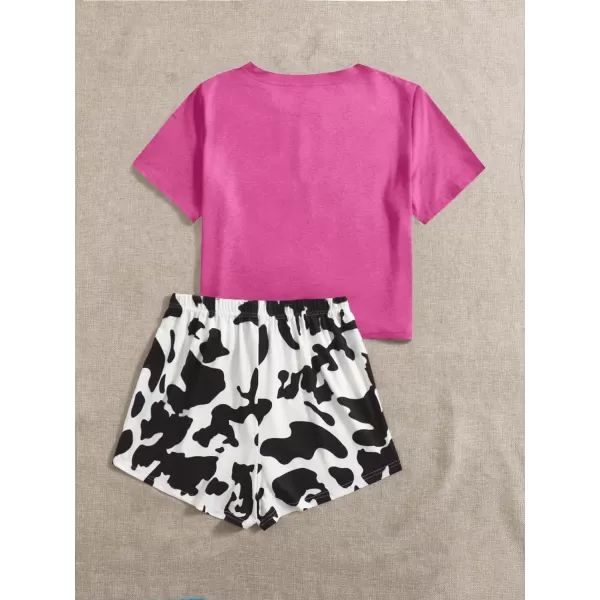 WDIRARA Women's Cartoon Cow Print Short Sleeve Tee and Shorts Pajama Set