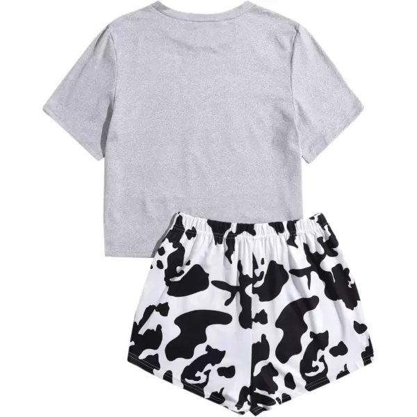 WDIRARA Women's Cartoon Cow Print Short Sleeve Tee and Shorts Pajama Set