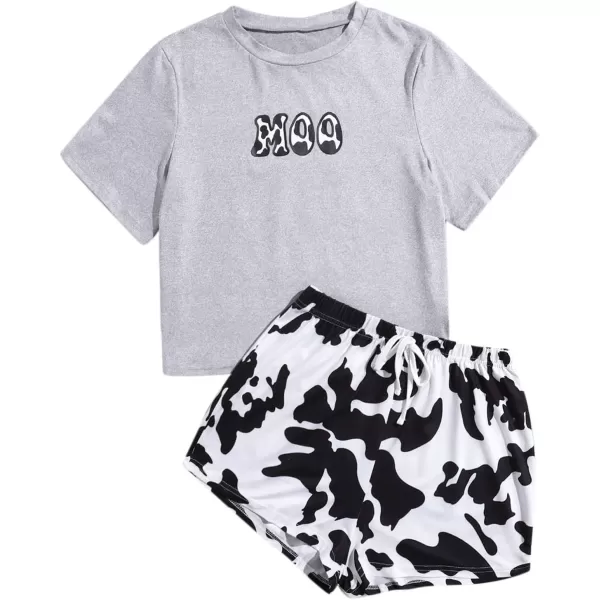 WDIRARA Women's Cartoon Cow Print Short Sleeve Tee and Shorts Pajama Set