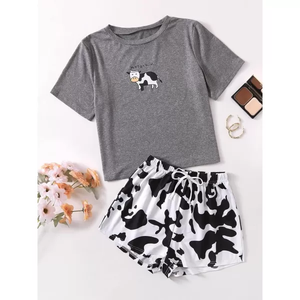 WDIRARA Women's Cartoon Cow Print Short Sleeve Tee and Shorts Pajama Set
