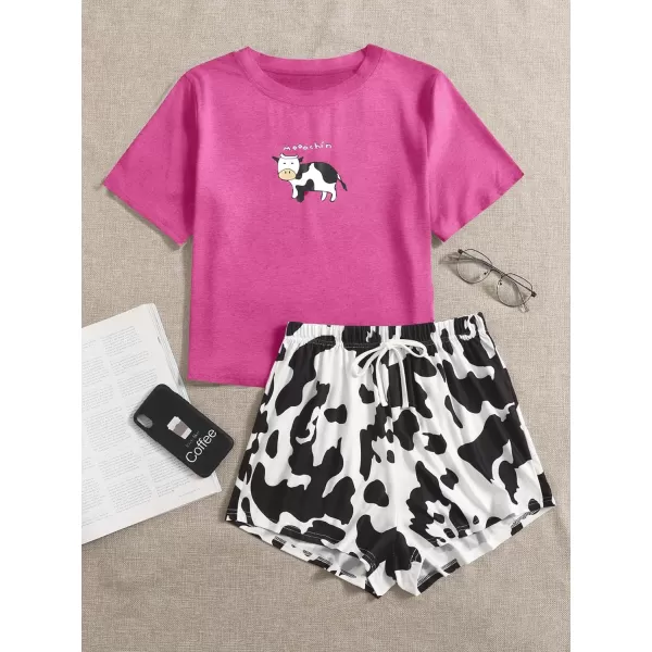 WDIRARA Women's Cartoon Cow Print Short Sleeve Tee and Shorts Pajama Set