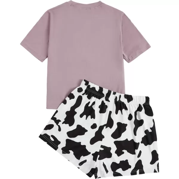 WDIRARA Women's Cartoon Cow Print Short Sleeve Tee and Shorts Pajama Set