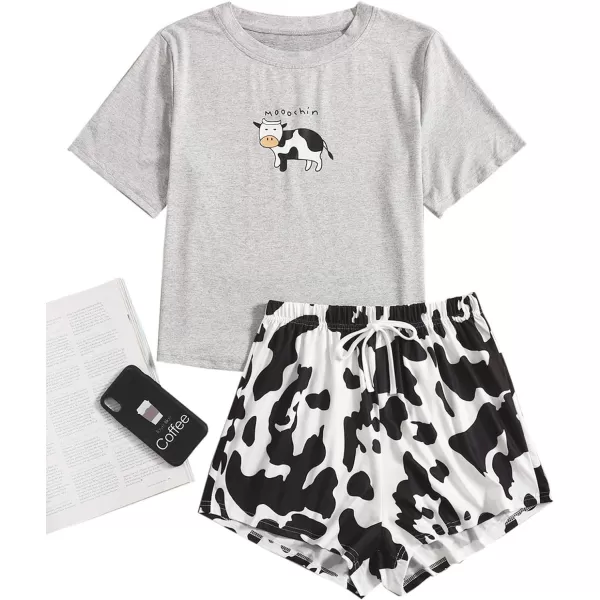 WDIRARA Women's Cartoon Cow Print Short Sleeve Tee and Shorts Pajama Set