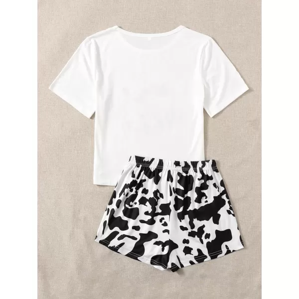 WDIRARA Women's Cartoon Cow Print Short Sleeve Tee and Shorts Pajama Set