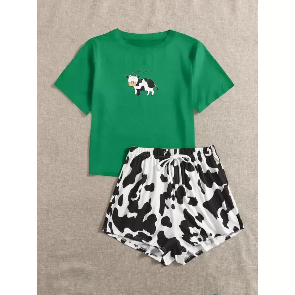 WDIRARA Women's Cartoon Cow Print Short Sleeve Tee and Shorts Pajama Set