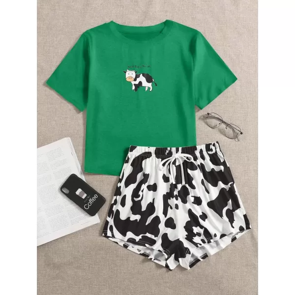 WDIRARA Women's Cartoon Cow Print Short Sleeve Tee and Shorts Pajama Set