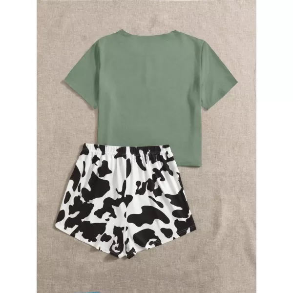 WDIRARA Women's Cartoon Cow Print Short Sleeve Tee and Shorts Pajama Set