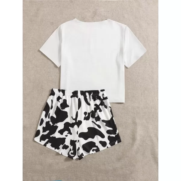 WDIRARA Women's Cartoon Cow Print Short Sleeve Tee and Shorts Pajama Set