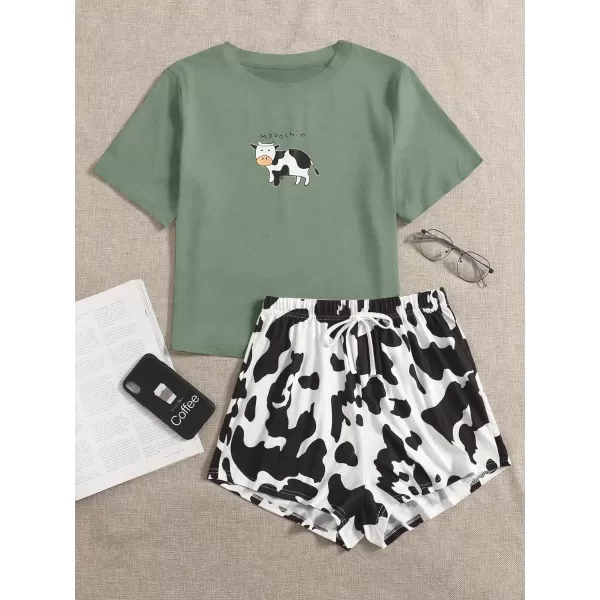 WDIRARA Women's Cartoon Cow Print Short Sleeve Tee and Shorts Pajama Set
