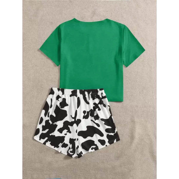 WDIRARA Women's Cartoon Cow Print Short Sleeve Tee and Shorts Pajama Set