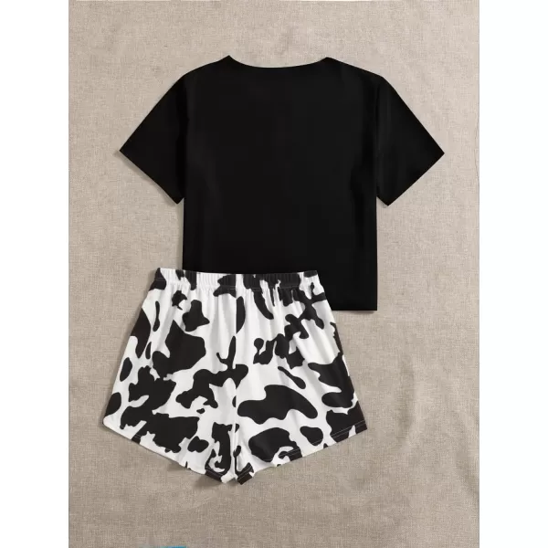 WDIRARA Women's Cartoon Cow Print Short Sleeve Tee and Shorts Pajama Set