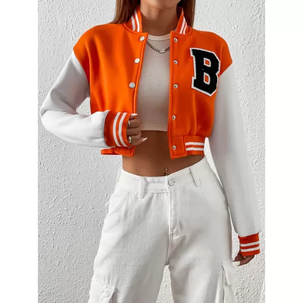 WDIRARA Women's Casual Button Down Letter Patched Color Block Crop Varsity Jacket Outerwear