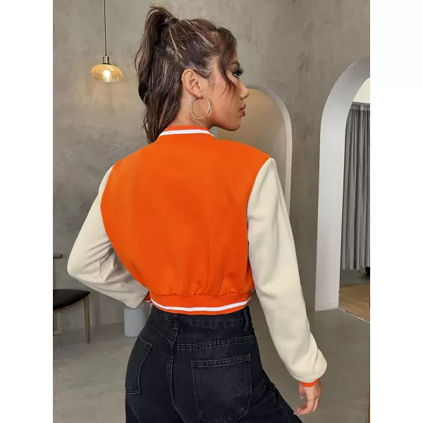 WDIRARA Women's Casual Button Down Letter Patched Color Block Crop Varsity Jacket Outerwear
