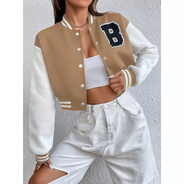 WDIRARA Women's Casual Button Down Letter Patched Color Block Crop Varsity Jacket Outerwear