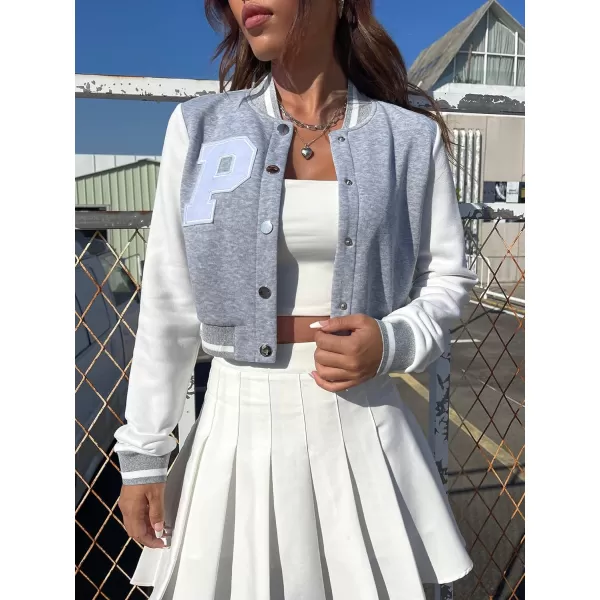 WDIRARA Women's Casual Button Down Letter Patched Color Block Crop Varsity Jacket Outerwear