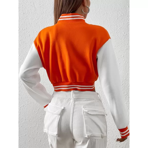 WDIRARA Women's Casual Button Down Letter Patched Color Block Crop Varsity Jacket Outerwear