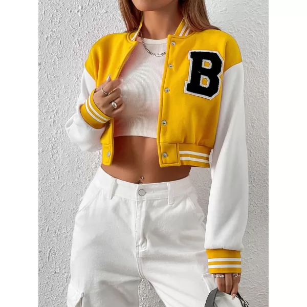 WDIRARA Women's Casual Button Down Letter Patched Color Block Crop Varsity Jacket Outerwear