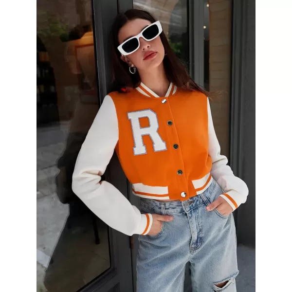 WDIRARA Women's Casual Button Down Letter Patched Color Block Crop Varsity Jacket Outerwear