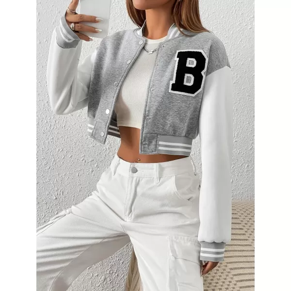 WDIRARA Women's Casual Button Down Letter Patched Color Block Crop Varsity Jacket Outerwear