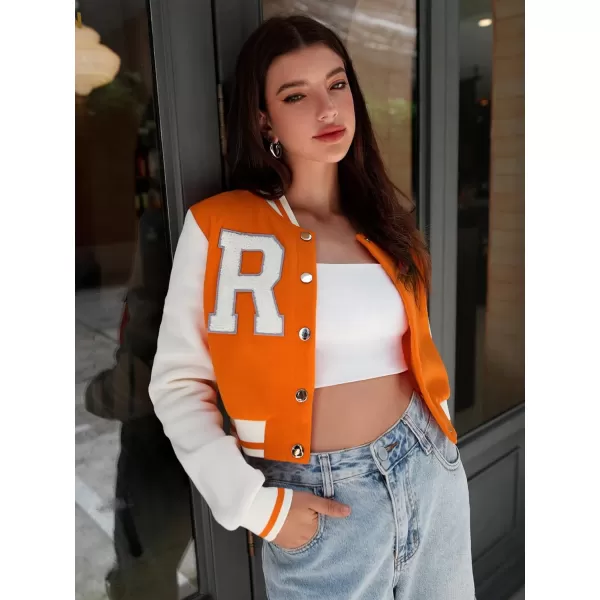 WDIRARA Women's Casual Button Down Letter Patched Color Block Crop Varsity Jacket Outerwear