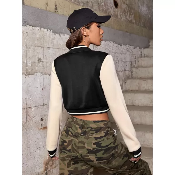 WDIRARA Women's Casual Button Down Letter Patched Color Block Crop Varsity Jacket Outerwear