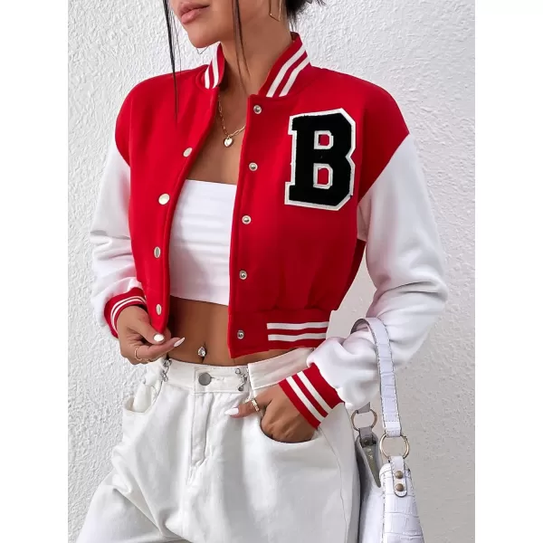 WDIRARA Women's Casual Button Down Letter Patched Color Block Crop Varsity Jacket Outerwear