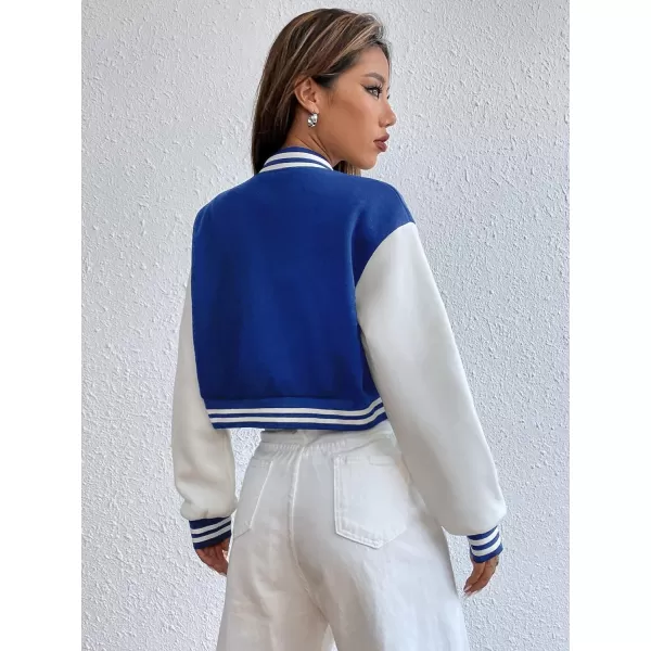 WDIRARA Women's Casual Button Down Letter Patched Color Block Crop Varsity Jacket Outerwear