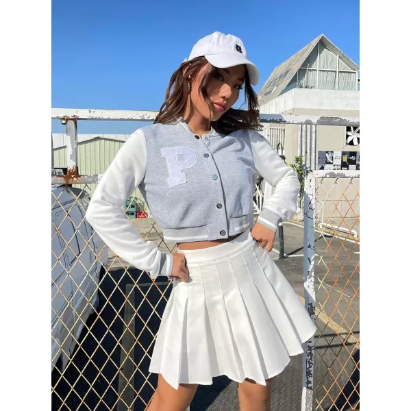 WDIRARA Women's Casual Button Down Letter Patched Color Block Crop Varsity Jacket Outerwear