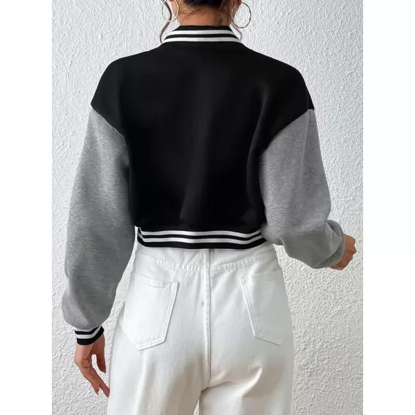WDIRARA Women's Casual Button Down Letter Patched Color Block Crop Varsity Jacket Outerwear