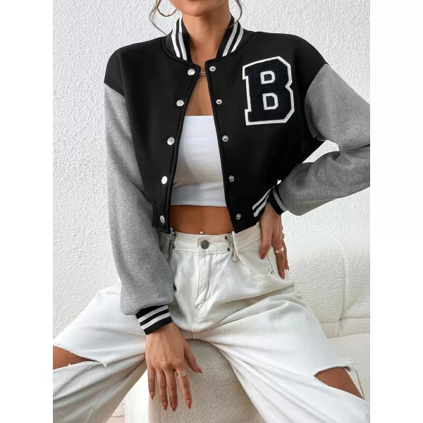 WDIRARA Women's Casual Button Down Letter Patched Color Block Crop Varsity Jacket Outerwear
