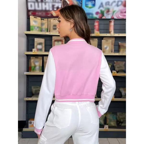 WDIRARA Women's Casual Button Down Letter Patched Color Block Crop Varsity Jacket Outerwear