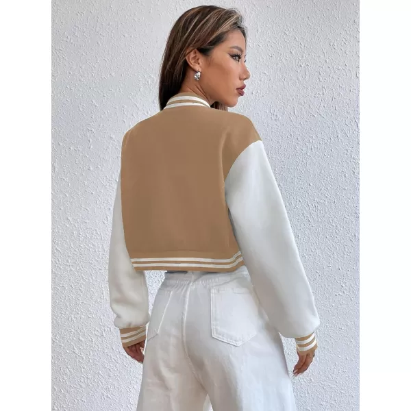 WDIRARA Women's Casual Button Down Letter Patched Color Block Crop Varsity Jacket Outerwear