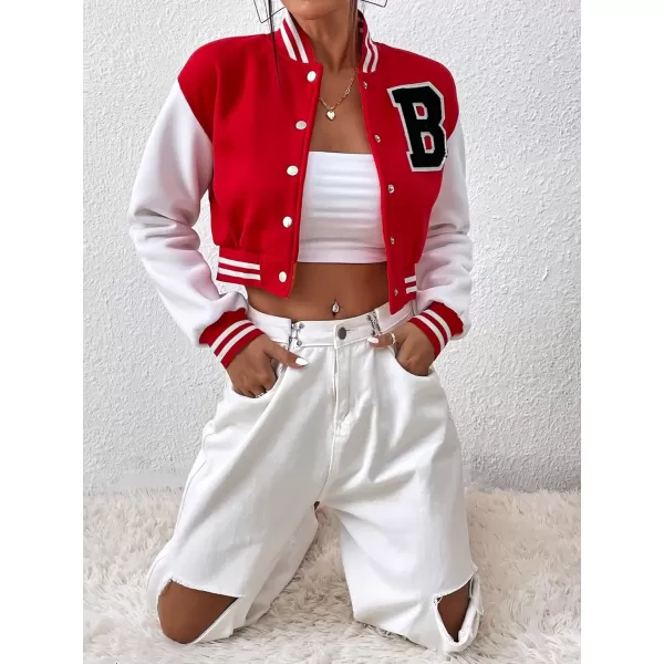 WDIRARA Women's Casual Button Down Letter Patched Color Block Crop Varsity Jacket Outerwear