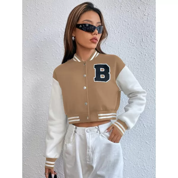 WDIRARA Women's Casual Button Down Letter Patched Color Block Crop Varsity Jacket Outerwear