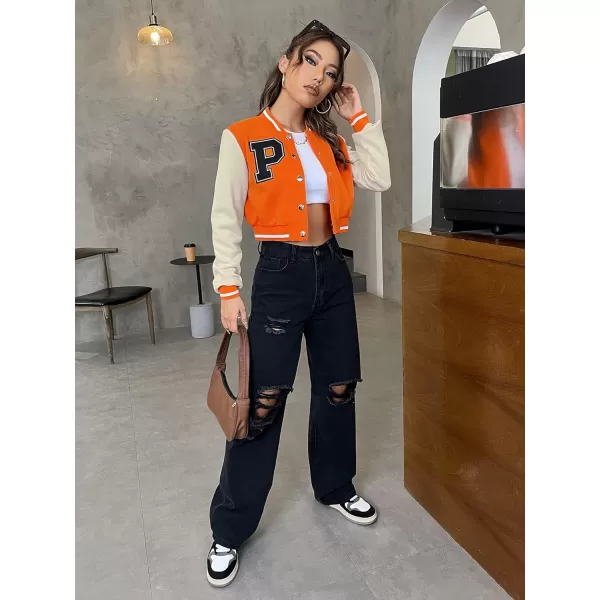 WDIRARA Women's Casual Button Down Letter Patched Color Block Crop Varsity Jacket Outerwear