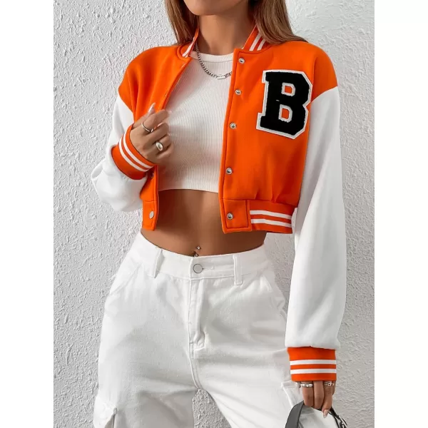 WDIRARA Women's Casual Button Down Letter Patched Color Block Crop Varsity Jacket Outerwear