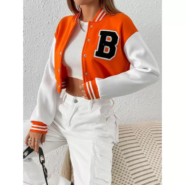WDIRARA Women's Casual Button Down Letter Patched Color Block Crop Varsity Jacket Outerwear